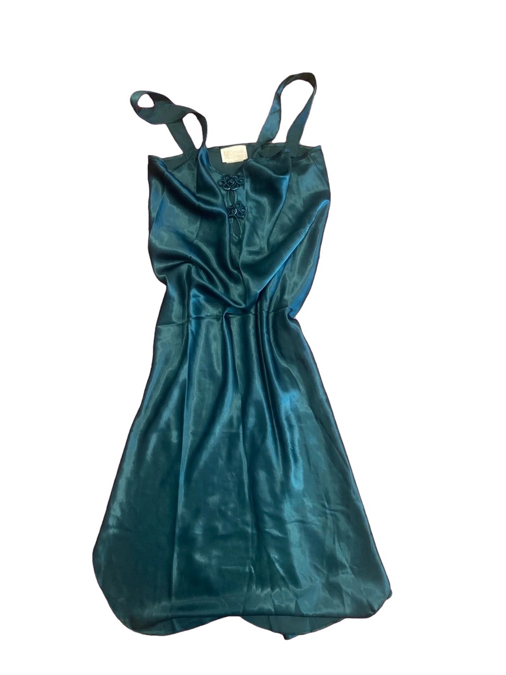 California Dynasty 1980s Teal Satin Slip Chemise with Decorative Frog Closures